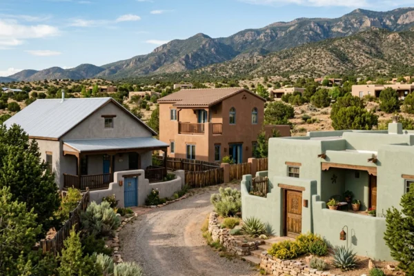 Collection of Southwestern homes displaying sandstone, sage green, and gray stucco finishes, showcasing popular exterior paint colors for Santa Fe homes.