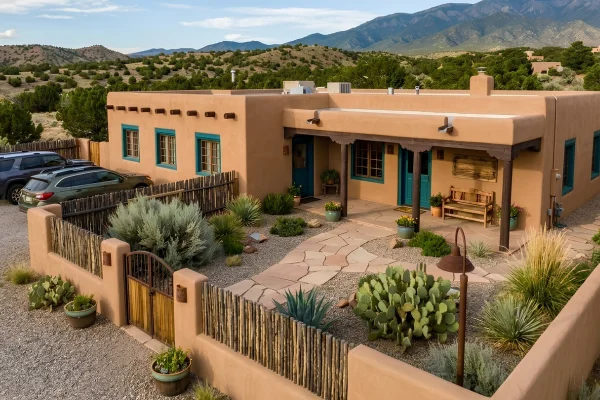 Commercial property with freshly painted stucco walls, colorful trim, and drought-tolerant landscaping in Santa Fe, NM.