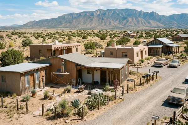 Professional painters working on the exterior wood siding of a rural New Mexico home surrounded by high-desert terrain and mountains. 